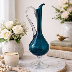 EMPOLI Italian Art Glass Footed Genie Pitcher Decanter Teal Blue Vintage